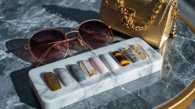 A woman displays stylish nail designs elegantly arranged on a marble tray next to chic sunglasses and a fashionable handbag. The nail designs and sunglasses enhance the overall fas