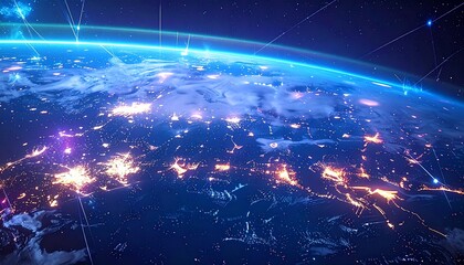 "Ultra-futuristic global communication grid with floating holographic satellites, quantum data streams in glowing lines, interconnected smart cities beneath, soft neon blues and purples, high-tech sci