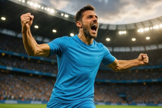 Soccer player in uniform celebrating goal on stadium field. Concept of sport, victory, passion, success, and emotional triumph in professional football. - Powered by Adobe