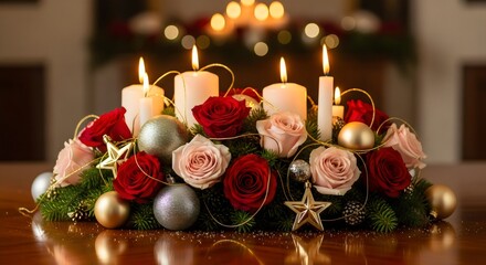 Soft romantic holiday centerpiece with white candles, red and blush roses, metallic ornaments, glowing evening lights, luxurious Christmas décor.
