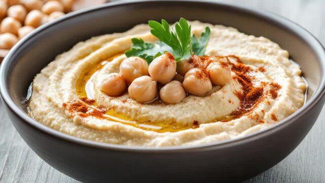 Creamy chickpea hummus drizzled with olive oil and paprika, garnished with parsley dip