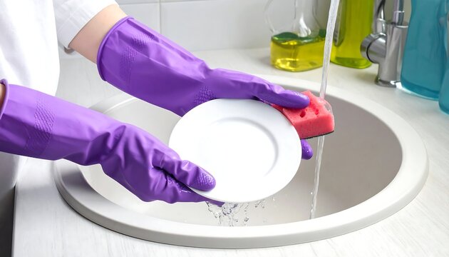 Purple-gloved hands wash a white plate with a pink sponge under running water in a bright, clean kitchen sink