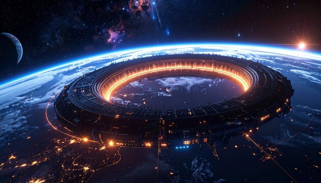 Space-based telecommunication array stretching through the cosmos, giant ring structures transmitting multi-dimensional signals, vibrant energy waves, futuristic astrophysical design"
