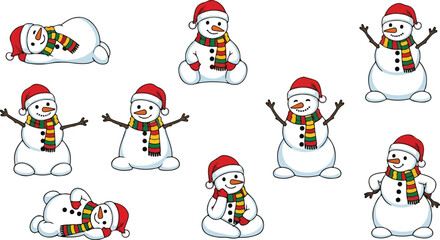 Collection of adorable snowmen in various poses wearing hats and scarves celebrating winter.