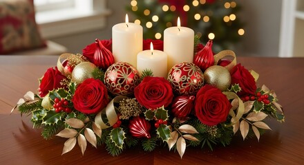 White pillar candles surrounded by red roses, gold baubles, pine greenery, warm Christmas lights, classic holiday celebration floral décor.