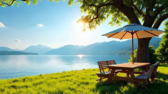 Lakeside picnic area with tree and mountains