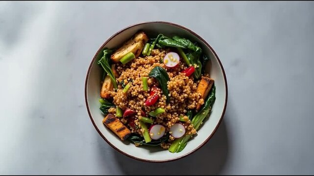 Ensalada tibia de quinoa con tofu asado y verduras frescas