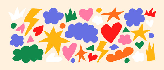 Colorful trendy abstract geometric shape set with modern elements doodles. Vector collage drawing style forms collection, background