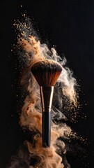 Brush surrounded by shimmering bronze powder on black