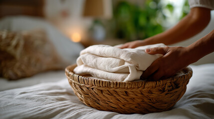 Laundry basket and clean sheets, person remaking bed fresh, reset ritual, serene vibe, with copy space