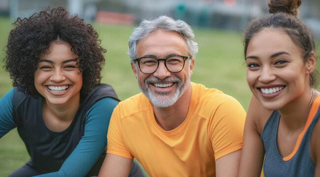 Three people sit close together in a park with trees and sunlight behind them. They look at the camera with a relaxed pose and natural smiles.