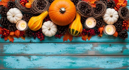 Autumn Harvest Display with Pumpkins, Pine Cones, and Candles on Blue Rustic Wood Background