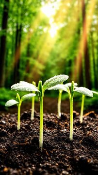 Fresh sprouts grow in vibrant forest. Sunlight filters through trees, creating a serene atmosphere. Nature showcases beauty and renewal in vertical view.
