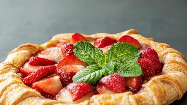 Rustic strawberry galette with flaky pastry, flaky crust, fresh mint garnish and glossy filling