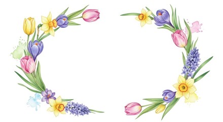 Watercolor spring floral wreath with tulips daffodils and hyacinths