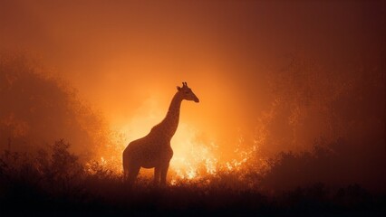 A majestic giraffe silhouette standing tall amidst dark vegetation against a vibrant orange sunset background