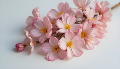 Pastel blossoms placed gently on a smooth white surface