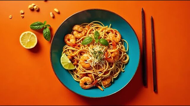 Espaguetis con camarones y salsa de man&iacute;