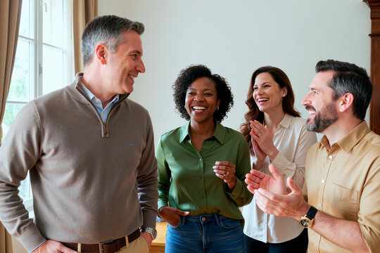 Group of middle aged multiethnic men and women standing together laughing and clapping, Caucasian man smiling while Black woman and Caucasian woman engaging in conversation
