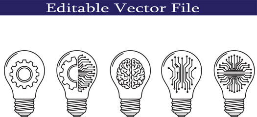 Creative Concept of Technological Advancement and Innovation Represented Through Light Bulbs with Gears Brain and Circuit Board Designs Highlighting the Convergence of Ideas and Technology