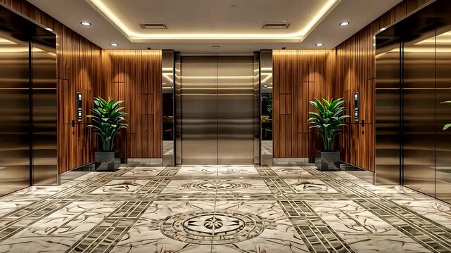 Luxurious modern elevator lobby with polished marble flooring, warm wooden wall panels, elegant lighting, and decorative plants creating a premium interior space