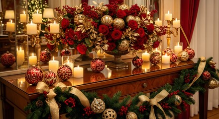 Large luxury Christmas floral arrangement with gold ornaments and red roses, elegant event decor, festive celebration, upscale holiday interior.
