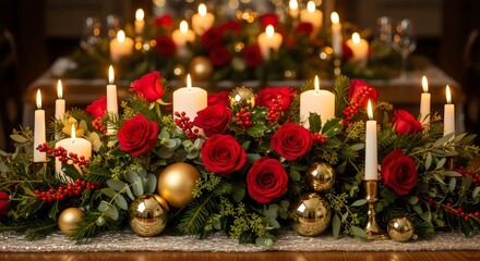 Luxury Christmas floral centerpiece with red roses, candles, gold spheres, festive elegant holiday interior, winter celebration table decor.

