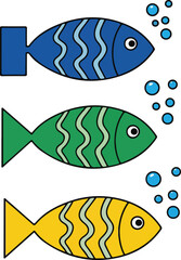 Colorful cartoon fish swimming in the ocean with bubbles a vibrant aquatic scene.