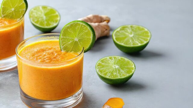 Golden turmeric lime ginger citrus smoothie glass with lime slice and fresh root pieces vibrant