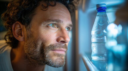 Man staring into open fridge at dawn, bottle of water front and center, blue interior light, indecision moment, with copy space