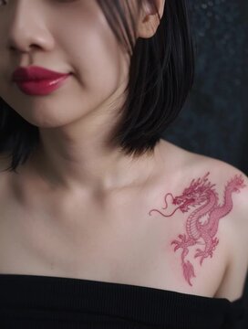 frau mit tattoo r&uuml;cken schulter hals