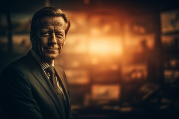 A confident news anchor older man in a suit gazes thoughtfully, exuding wisdom, experience, and quiet confidence. The image captures dignity, reflection, and timeless elegance.