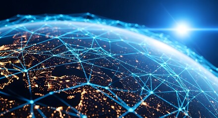 Global network connection over earth with city lights and digital technology