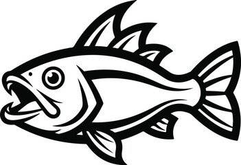 Detailed black and white illustration of a fish with open mouth and sharp teeth.