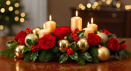 Luxurious Christmas table centerpiece with red roses, candles, greenery, gold ornaments, elegant festive floral arrangement, winter celebration decor.
