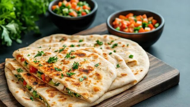 Grilled flatbread stuffed with cheese, tomato, cucumber and herb. savory fresh folded flatbread
