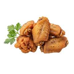 Pile of crispy fried chicken wings isolated on transparent background, seasoned with black pepper and garnished with fresh parsley, a delicious and savory appetizer or snack