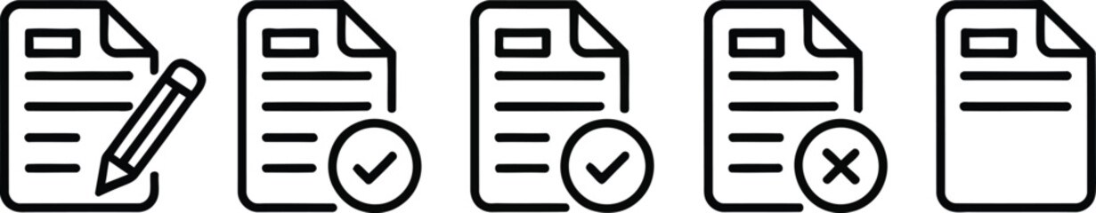 Five document icons showing editing and status with pencil and checkmarks