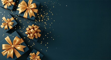 Elegant Gift Boxes with Golden Ribbons on Dark Background.