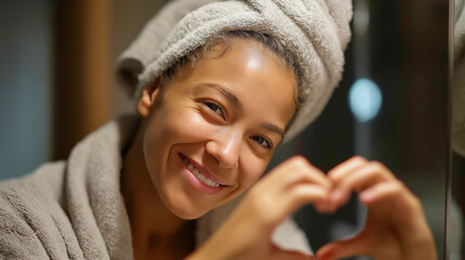 Bathroom mirror fogged, person drawing heart with finger, tired smile, towel turban, soft light, with copy space
