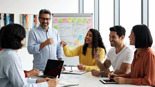 Diverse creative business team having a discussion in a modern office, brainstorming with sticky notes on a whiteboard. A manager leads the meeting, and colleagues happily applaud a great idea - Powered by Adobe