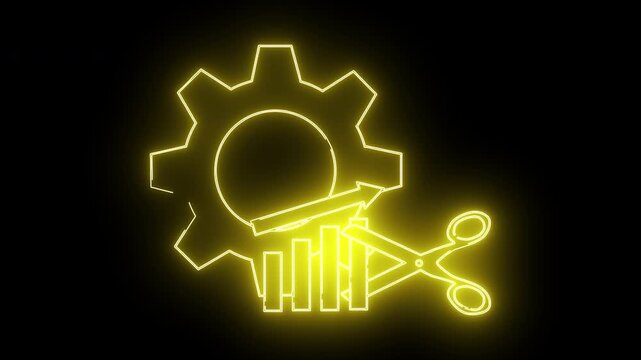 Yellow neonstyle graphic showing gear chart arrow  scissors outlines
