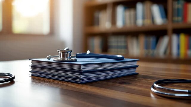 Medical stethoscope resting on stacked notebooks in a bright study room with warm sunlight and bookshelves creating a calm academic atmosphere