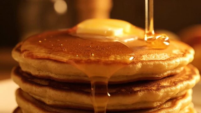 Close-up of a stack of pancakes with syrup being poured over butter on top in a warm lighting.