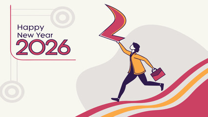 Illustration of happy new year 2026 with man holding a symbol running on a striped hill