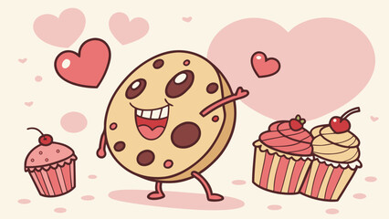 Cartoon cookie character with cupcakes and hearts in a pink and cream colored background design art