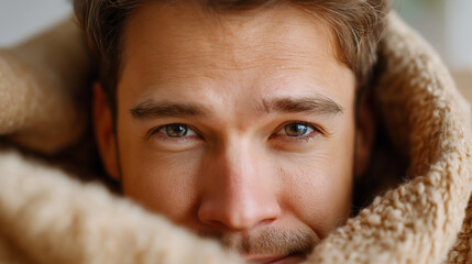 Close up of squinting eyes under blanket, bedhead hair, humor mood, candid realism, with copy space