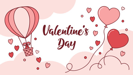 Valentine's day themed illustration with heart balloons, hot air balloon and pink clouds design element
