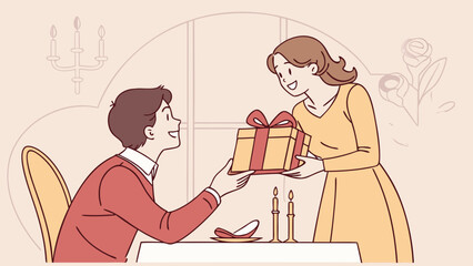 Woman gives a gift to a man at a table with candles and a chandelier in the background of a room