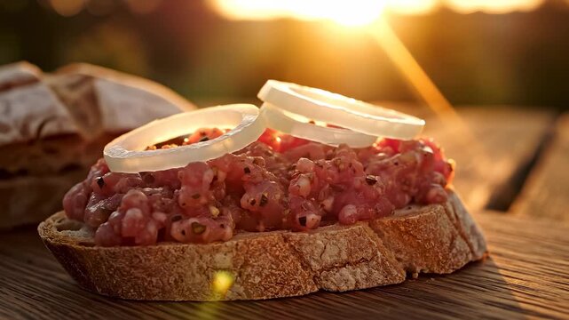A rustic slice of bread topped with flavorful minced meat sits on a wooden table as the sun sets in the background. The warm sunlight highlights the delicious minced meat and bread